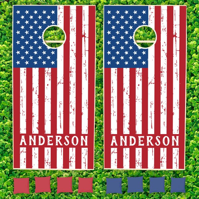 American Flag Red White Blue Personalize Patriotic Cornhole Set (Creator Uploaded)