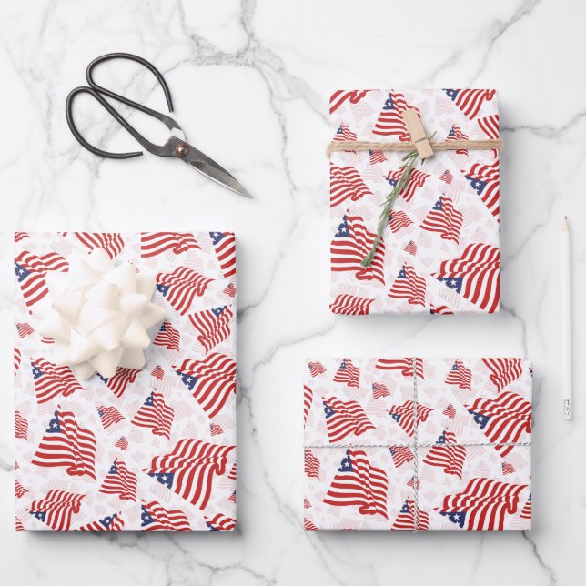 American Flag Red White Blue Random Pattern Wrapping Paper Sheets (Front)