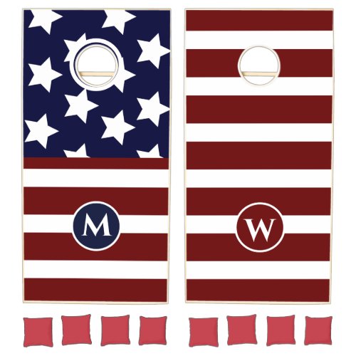 American Flag Red White Blue Stripe Flag  Monogram Cornhole Set