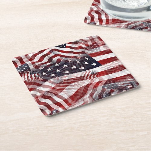American Flag Red White Blue Stripes Stars Pattern Square Paper Coaster