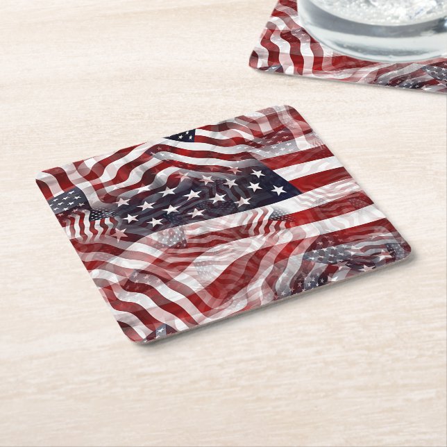 American Flag Red White Blue Stripes Stars Pattern Square Paper Coaster (Angled)
