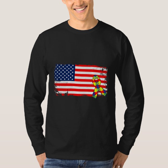 American Flag Ribbon Autism Month Ribbon Puzzle Di T-Shirt (Front)