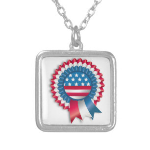 AMERICAN FLAG RIBBON BOW SILVER PLATED NECKLACE