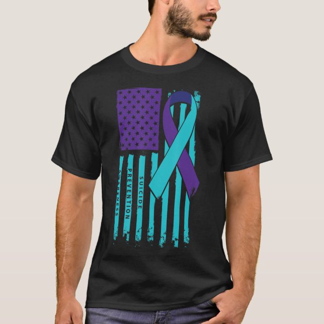 American Flag Ribbon Suicide Awareness Mental Heal T-Shirt (Front)