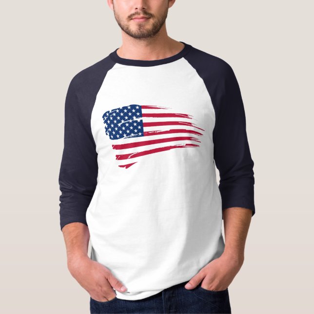 American Flag Rip Basic 3/4 Sleeve Raglan T-Shirt (Front)