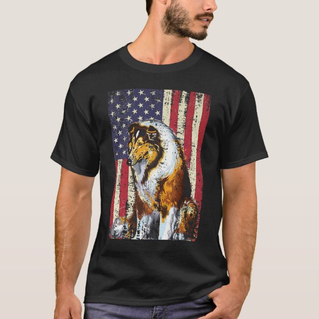 American Flag Rough Collie Patriotic Flag T-Shirt (Front)