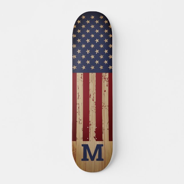 American Flag Rustic Personalized Monogram Skateboard (Front)