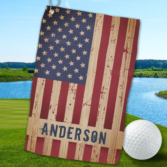 American Flag Rustic Personalized Patriotic Golf Towel (Creator Uploaded)