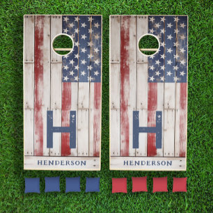 American Flag Rustic Red White Blue Monogram Cornhole Set