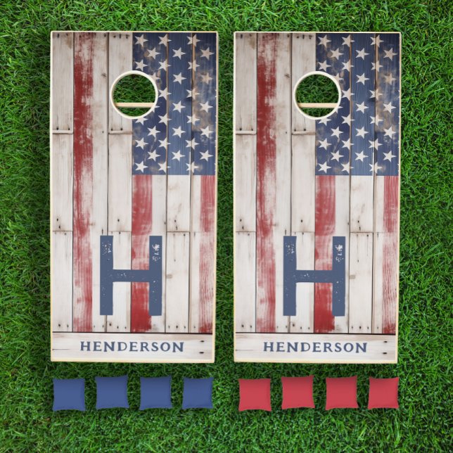 American Flag Rustic Red White Blue Monogram Cornhole Set (Creator Uploaded)