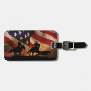 American Flag Rustic Team Roping Cowboys Luggage Tag