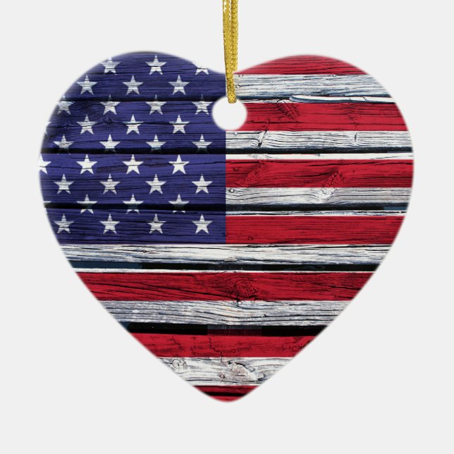 American Flag Rustic Wood Ceramic Ornament (Front)