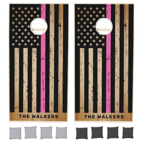 American Flag Rustic Wood Nurse Thin Pink Line Cornhole Set