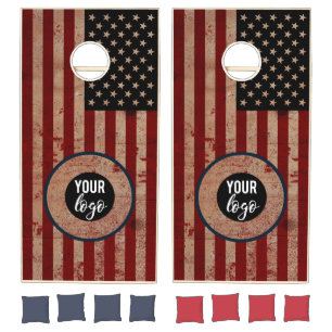 American Flag Rustic Wood Patriotic Business Logo Cornhole Set