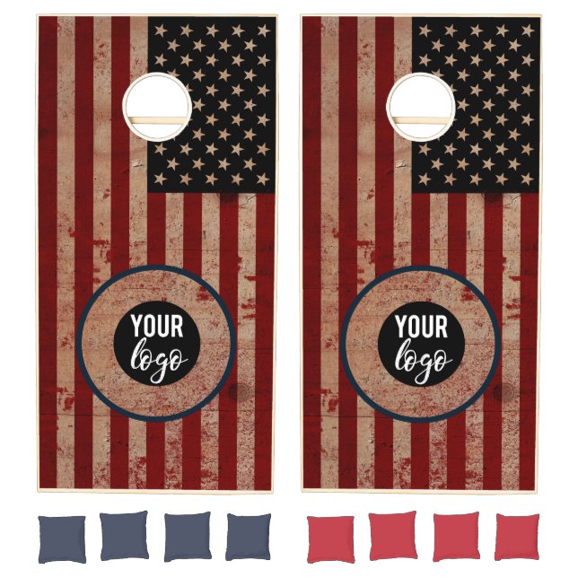 American Flag Rustic Wood Patriotic Business Logo Cornhole Set (Set)