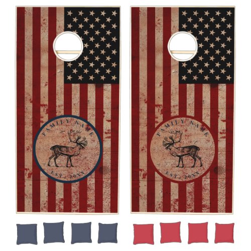 American Flag Rustic Wood Patriotic Deer Cornhole Set