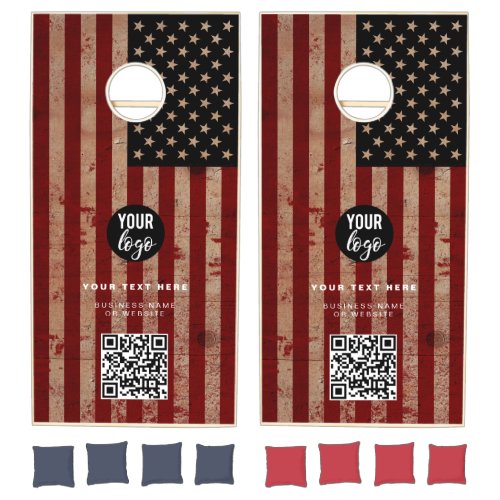 American Flag Rustic Wood QR Code Business Logo Cornhole Set