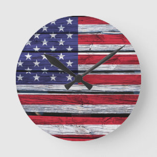 American Flag Rustic Wood Round Clock
