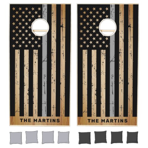 American Flag Rustic Wood Thin Gray Line Cornhole Set