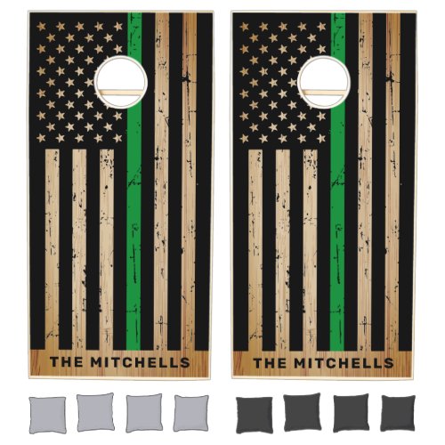 American Flag Rustic Wood Thin Green Line Cornhole Set