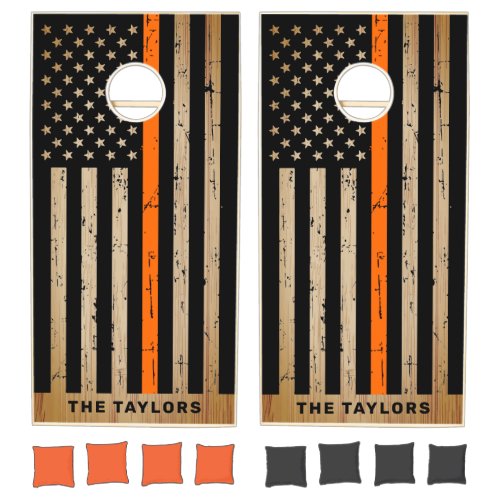 American Flag Rustic Wood Thin Orange Line Cornhole Set