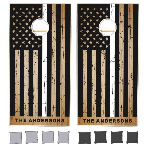 American Flag Rustic Wood Thin White Line Cornhole Set