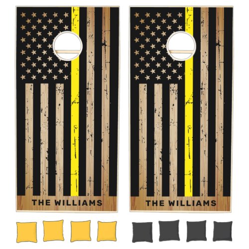 American Flag Rustic Wood Thin Yellow Line Cornhole Set