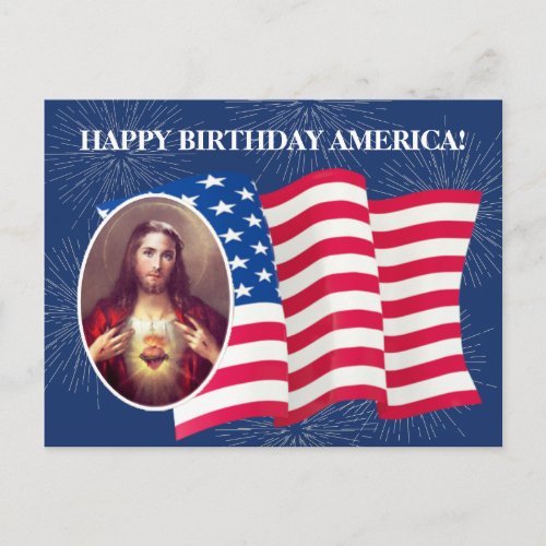 American Flag Sacred Heart of Jesus Fireworks Postcard