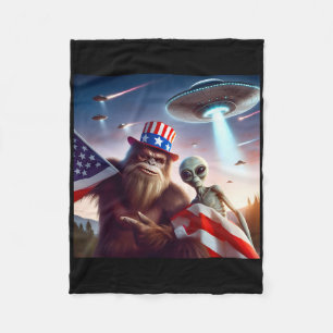 American Flag Sasquatch With Alien Ufo Bigfoot 4th Fleece Blanket