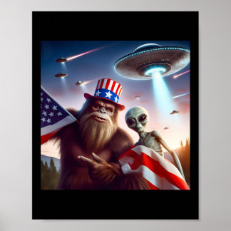 American Flag Sasquatch With Alien Ufo Bigfoot 4th Poster