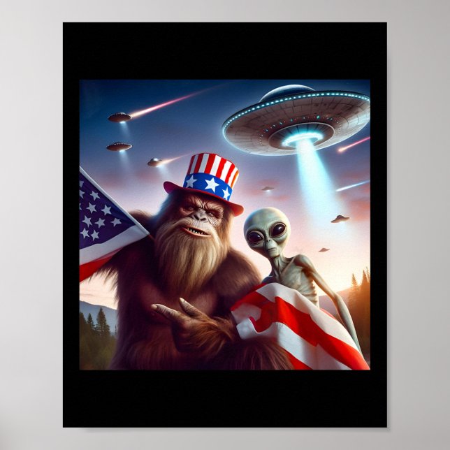 American Flag Sasquatch With Alien Ufo Bigfoot 4th Poster (Front)