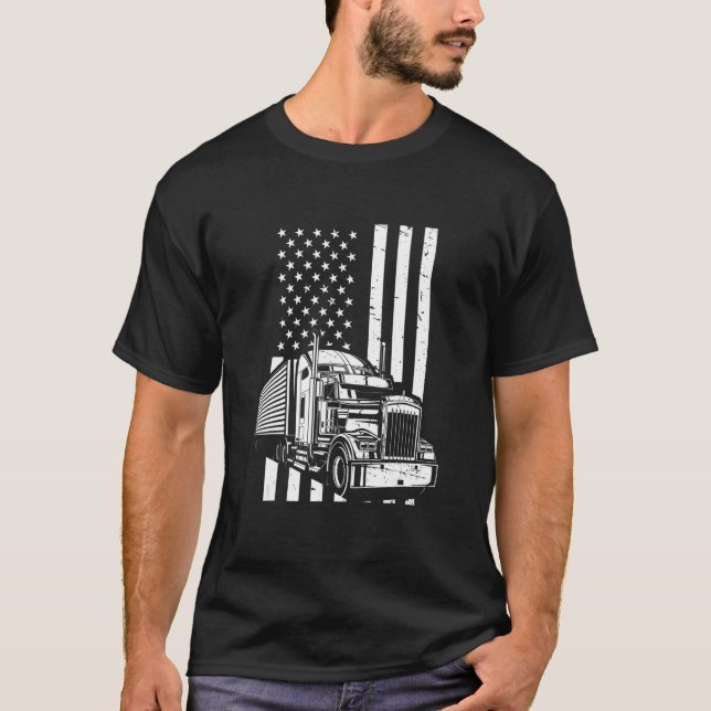 American Flag Semi Truck Trucker T-Shirt (Front)