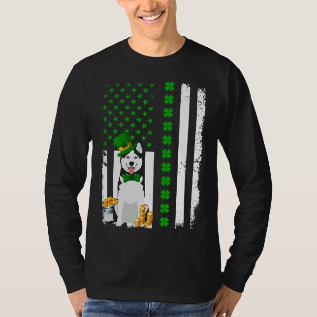 American Flag Siberian Husky Dog Funny St Patricks T-Shirt (Front)