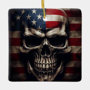 American Flag Skull  Ceramic Ornament
