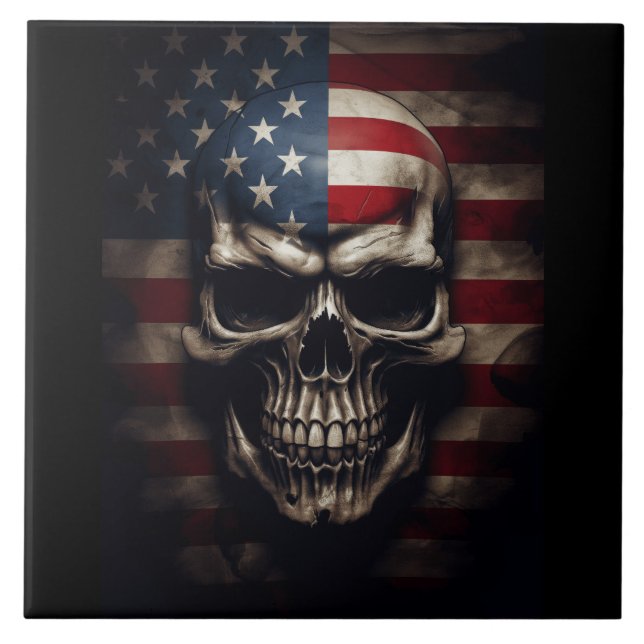 American Flag Skull  Ceramic Tile (Front)