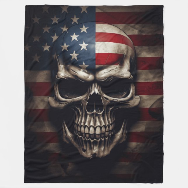 American Flag Skull  Fleece Blanket (Front)