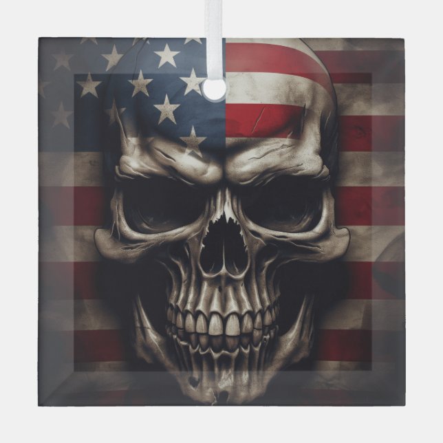 American Flag Skull  Glass Ornament (Front)