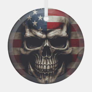 American Flag Skull  Glass Ornament