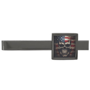 American Flag Skull Gunmetal Finish Tie Bar