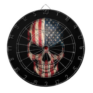 American Flag Skull on Black Dartboard With Darts