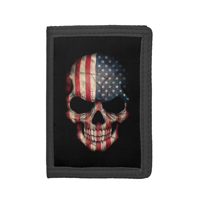 American Flag Skull on Black Tri-fold Wallet (Front Vertical)