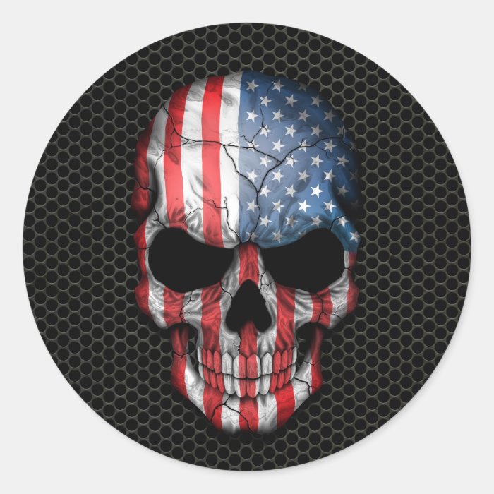 American Flag Skull on Steel Mesh Graphic Round Stickers