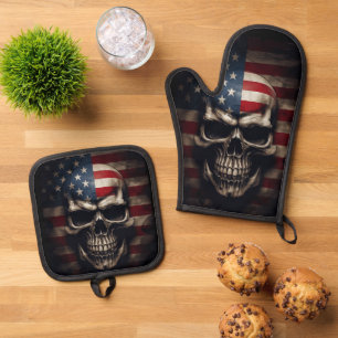 American Flag Skull Oven Mitt & Pot Holder Set