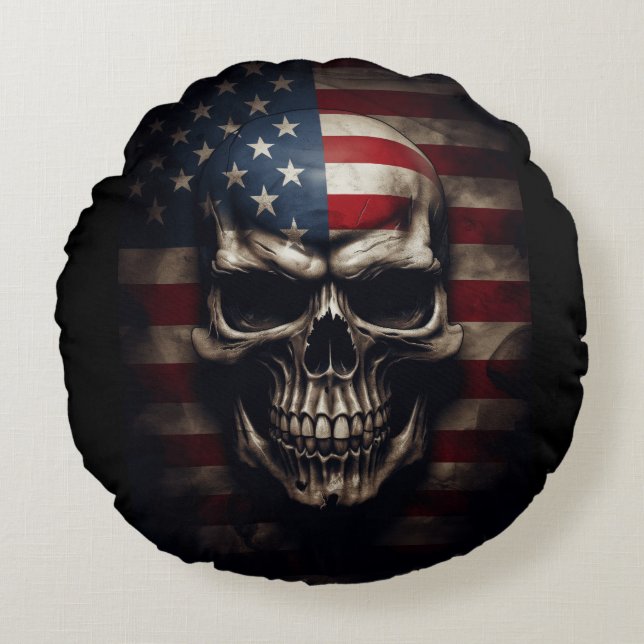 American Flag Skull  Round Pillow (Front)