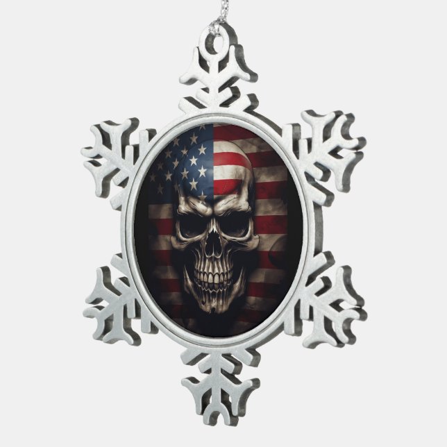 American Flag Skull  Snowflake Pewter Christmas Ornament (Right)