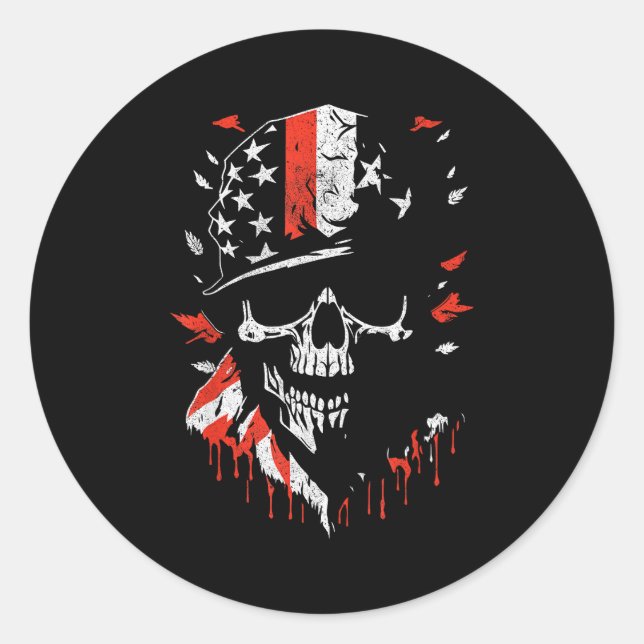 American Flag Skull Soldier Patriotic Military Gra Classic Round Sticker (Front)
