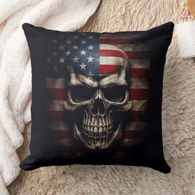 American Flag Skull  Throw Pillow (Blanket)
