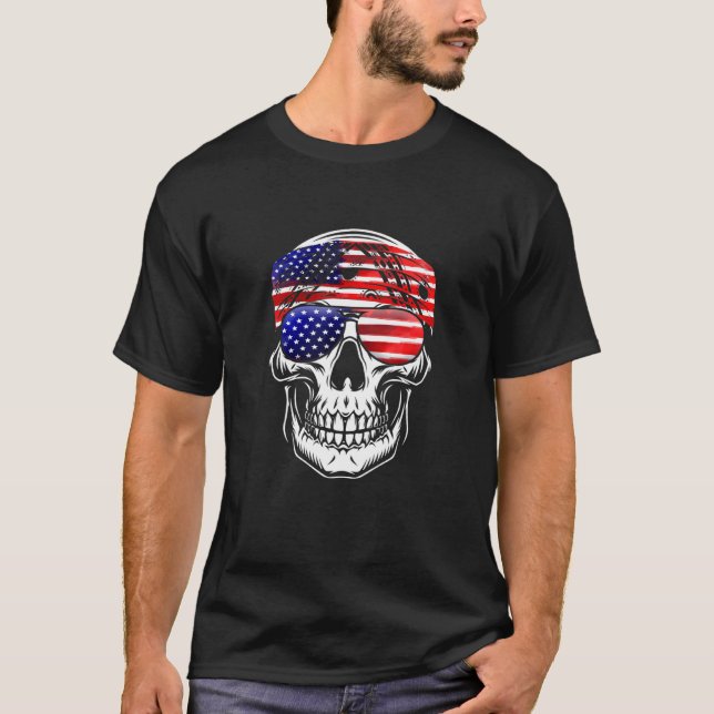 American Flag Skull Usa Flag Head Bandana Sunglass T-Shirt (Front)