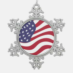 AMERICAN FLAG SNOWFLAKE PEWTER CHRISTMAS ORNAMENT