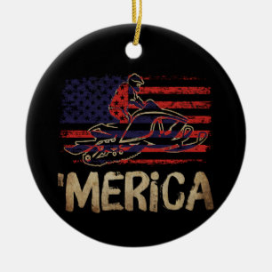 American Flag Snowmobile Winter Snowmobiling Ceramic Ornament